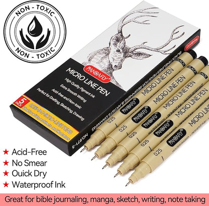 PANDAFLY Black Fineliners Pens, 0.25mm, 5 Pack Ultra Fine Point Pen, Black Art Pen for Drawing, Micro Pens for Drawing, Sketching, Bible Journaling, Manga, Anime