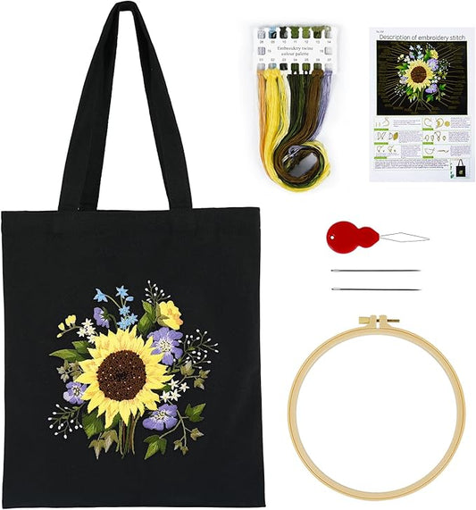 Canvas Tote Bag Embroidery Kit with Sunflower Pattern, Embroidery Kits for Beginners Adults, Arts and DIY Crafts Embroidery Starter kit, Include Stamped Embroidery Bag, Color Threads, Embroidery Tools
