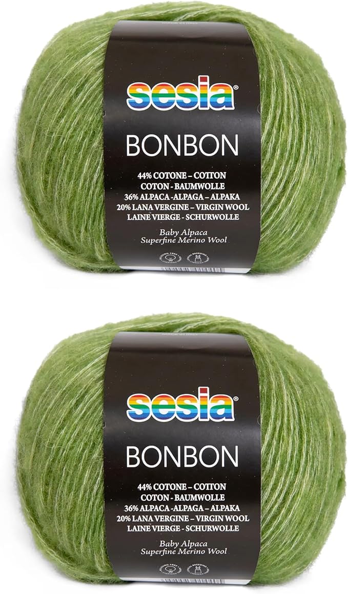2 Skeins, Baby Alpaca, Superfine Merino Wool, Cotton, 458 Yds/3.5 oz., Needles US 6-7, Sesia Bon Bon (2, Green - 0075)