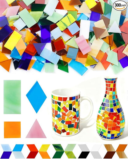 FIVEIZERO 260g Glass Mosaic Tiles for Crafts - 300 Pieces Tiny Mosaic Tile Kit, Irregular Pieces for DIY Craft Jewelry, Coaster Art & Mosaic Kits (Mixed-Color)