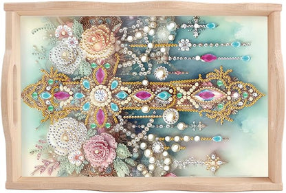 JZHYOAN Flower Diamond Painting Trays for Adults, DIY Cross Creative Design, Kitchen Platters for Entertaining Breakfast Coffee Table Decoration for Living Room Coffee Serving Table Tray