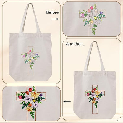 Louise Maelys Cross Lily Embroidery Kit Canvas Tote Bag for Beginners,Cross Stitch Kits for Adults,DIY Crafts Needlepoint Include Easter Jesus Pattern,Women Shopping Reusable Grocery Bags