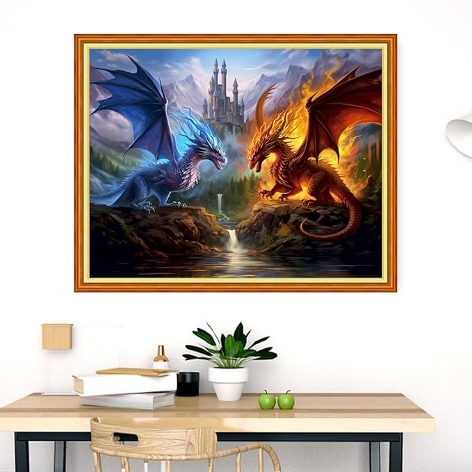 Dimensean Stamped Cross Stitch Kits Full Range of Embroidery Patterns Starter Kits for Beginners Adult DIY Cross Stitches Needlepoint Kits 11CT-Water Fire Dragon 16x20 inch