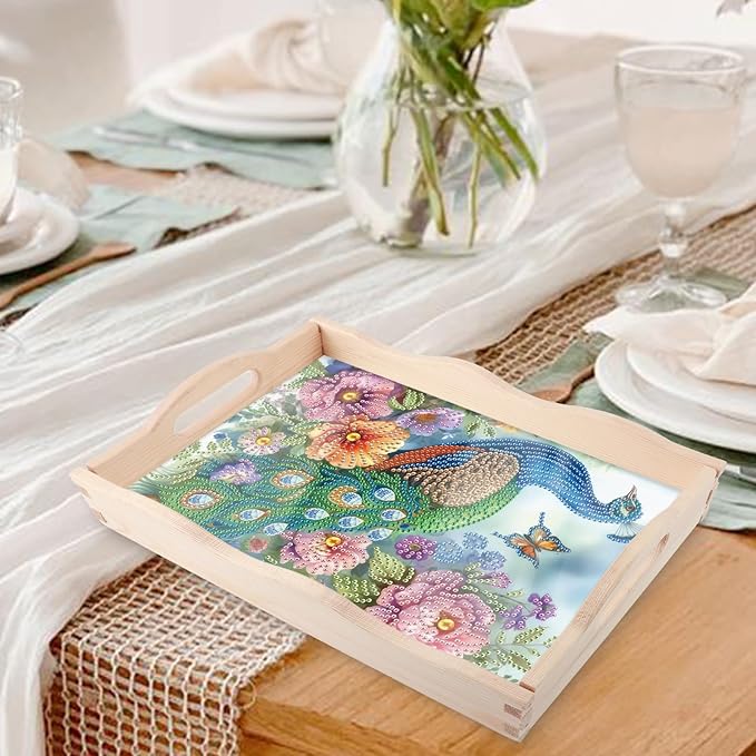 JZHYOAN Diamond Painting Trays for Adults, DIY Peacock Creative Design, Large Serving Platte for Living Room Dining Art Fruit Platters Entertaining Breakfast Coffee Table Home Decoration