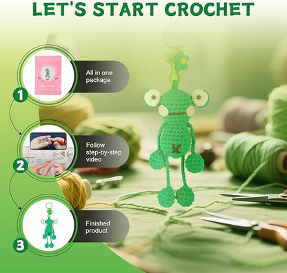 minimal beee Beginner Crochet Kit for Frog Keychain- Complete DIY Animal Craft Set with Easy Peasy Yarn and Step-by-Step Video Tutorial.Gift Hobby for Adults