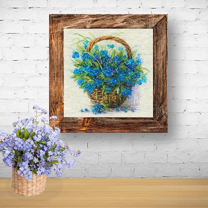 RIOLIS - Forget Me Nots in a Basket 2170, Cross Stitch Kits 8¾" x 8¾", Cross Stitch Kits for Adults, Floral Counted Cross Stitch Kits, Embroidery Kit for Beginners & Advanced, Crossstitching Kits