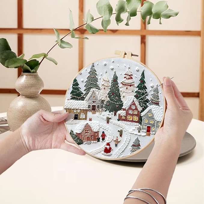 Ohcol 3 Sets Christmas Embroidery Kit,Cross Stitch Kits for Beginners,Needlepoint Kits for Adults with Easy Floral Pattern Hand Crafts,Hoop,Needle