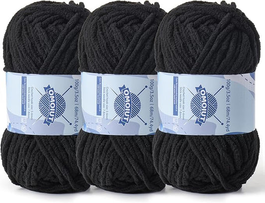 Chunky Chenille Yarn for Crocheting，Baby Yarn for Crocheting Soft Blankets，Bulky Yarns for Crochet Amigurumi，3×100g (3×74.3yds) Fluffy Velvet Yarns for Hand Knitting (3 Black)