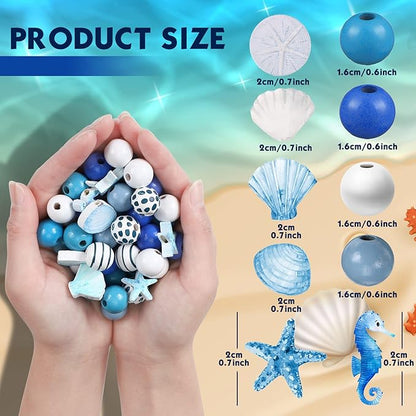 200 Pcs Ocean Theme Wood Beads for Crafts Colored Wooden Beads with Holes Blue Nautical Starfish Conch Seashell Round Spacer Crafts Kits Polished for DIY Art Summer Beach Party Decor