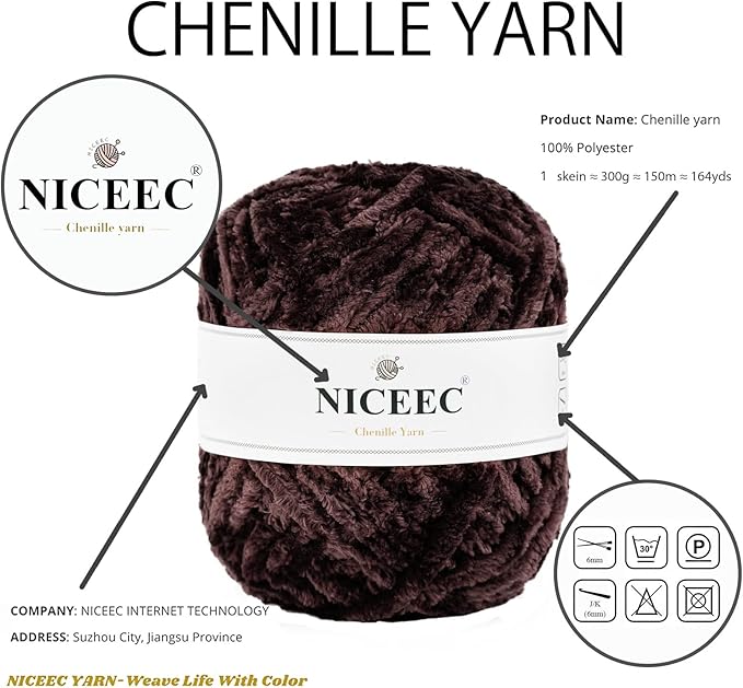 NICEEC 300g Soft Chenille Yarn Blanket Velvet Yarn for Knitting, Crochet, Weaving DIY Craft Total Length 150m (164yds)_Coffee