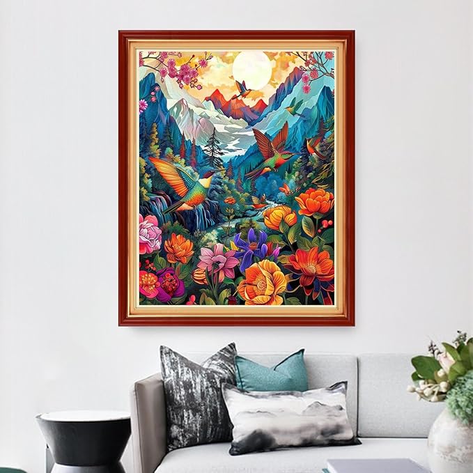 Dimensean Stamped Cross Stitch Kits Full Range of Embroidery Patterns Starter Kits for Beginners Adult DIY Cross Stitches Needlepoint Kits 11CT-Forest Hummingbird 16x20 inch