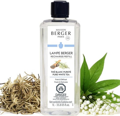Maison Berger Pure White Tea Lampe Berger Refill, 1 Liter (33.8 fl oz), 2-in-1 Catalytic System, Neutralizes Odors and Diffuses Fragrance, Blackcurrant, Bergamot, White Tea, Made in France