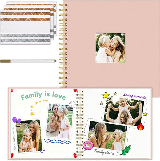 Vienrose 10 x 10 Inch Scrapbook Photo Album, Linen Hardcover Photo Book with 80 White Pages, DIY Memory Book Kit with Accessories for Wedding, Baby Shower, Travel, Christmas (Pink, 40 Sheets)