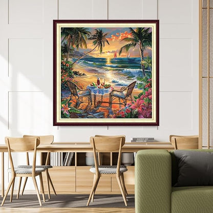 DMCCRAFT Stamped Cross Stitch Kits for Adults 11CT Printed Cross-Stitch Patterns Embroidery Kits Easy Cross Stitching Needlepoint Kits&Drinking Tea on The Beach by The Seaside 18x18 inch
