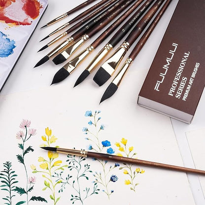 Watercolor Brushes Professional, Fuumuui 10Pcs Synthetic Squirrel Hair Water Color Paint Brush Set for Artists - Flat, Round Pointed, Dagger, Cats Tongue Oval Wash for Watercolor Gouache Inks Painting