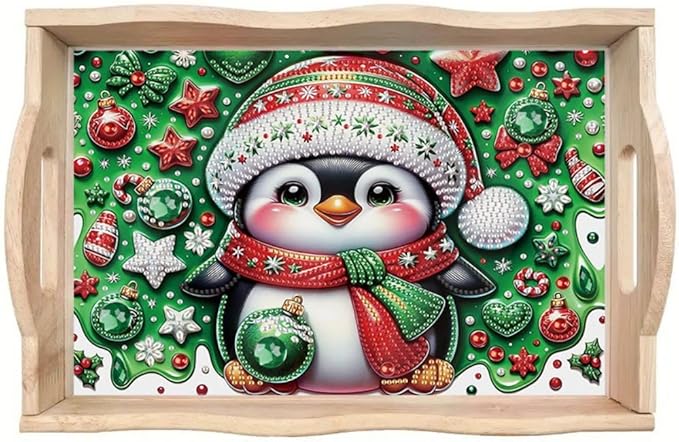 DoxQcs DIY Diamond Art Wooden Food Tray with Handle Diamond Painted Table Decoration Tray for Breakfast Bar Dinner Table Diamonds Art Painting for Beginners-Penguin