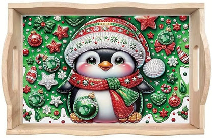 DoxQcs DIY Diamond Art Wooden Food Tray with Handle Diamond Painted Table Decoration Tray for Breakfast Bar Dinner Table Diamonds Art Painting for Beginners-Penguin