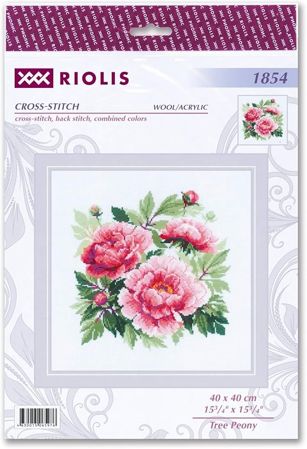 RIOLIS - Tree Peony 1854, Floral Cross Stitch Kits 15,75" x15,75, Cross Stitch Kits for Beginners & Advanced, Crossstitching Kits Adult, Counted Stitching Kits, Flowers Embroidery Kit