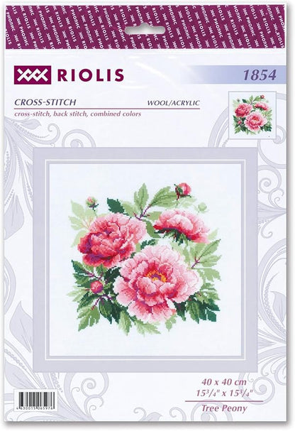 RIOLIS - Tree Peony 1854, Floral Cross Stitch Kits 15,75" x15,75, Cross Stitch Kits for Beginners & Advanced, Crossstitching Kits Adult, Counted Stitching Kits, Flowers Embroidery Kit