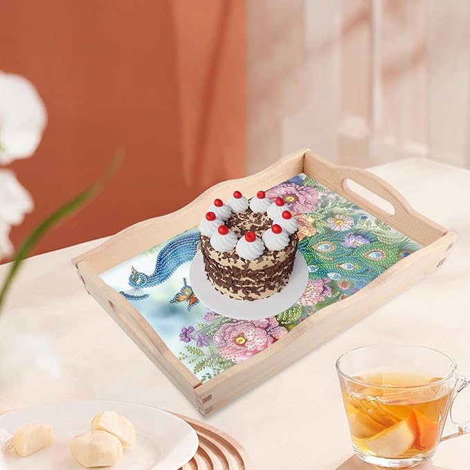 JISHSHAY Diamond Art Serving Tray Diamond Painting Food Tray Gem Art Serving Platter Gem Painting Mosaic Kits for Adults DIY Kits for Adults, with Wood Handle 20×30cm/7.87×11.81in, Peacock
