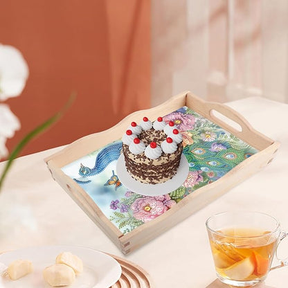 JISHSHAY Diamond Art Serving Tray Diamond Painting Food Tray Gem Art Serving Platter Gem Painting Mosaic Kits for Adults DIY Kits for Adults, with Wood Handle 20×30cm/7.87×11.81in, Peacock