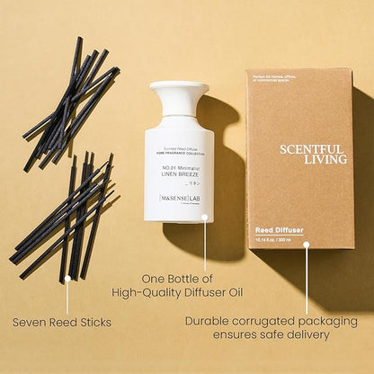 M&SENSE Reed Diffuser Set, 10.14 fl oz Large Reed Diffuser, Linen Breeze Scented with Natural Essential Oils, Long Lasting with 7 Sticks, Non-Toxic Home Fragrance Reed Diffuser for Bedroom, Bathroom