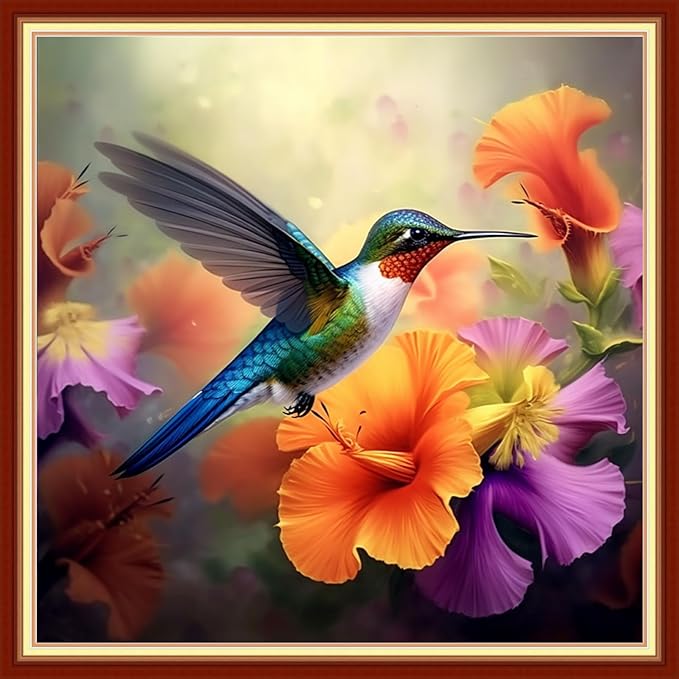 Joyhoor Stamped Cross Stitch Kits for Beginners Needlepoint Kits for Adults Embroidery Kits 11CT Counted Cross Stitch Kits Printed Embroidery Pattern-Hummingbirds Collect Honey 18x18 inchs