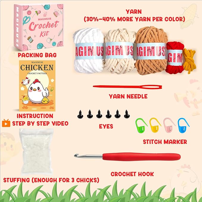 MAGIMUSE Crochet Kit for Beginners, Crochet Starter Kits for Adults Amigurumi Craft Knitting Crochet Animals Kits with Step-by-Step Video Tutorials, 3 Pcs Chicken (40%+ Yarn)
