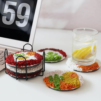 Temlum Punch Needle Coasters Kit, Punch Needle Embroidery Kit for Beginners and Adults Including Patterns, Tools, Yarns, Hoop, Instruction, Coaster Holder Coaster Art Craft Supplies (Plants)