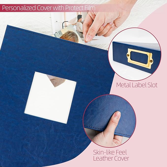 Vienrose 8.5x11 Inch Large 3 Ring DIY Scrapbook Photo Album Leather Cover Scrap Book Albums Blank Scrapbooks Photobook with 50 Plastic Sleeves 100 Pages for Wedding Baby Family Anniversary (Navy Blue)