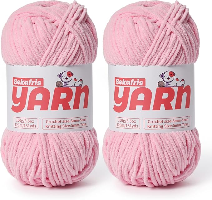 2 Pack Plush Chunky Chenille Yarn for Crocheting, Soft Fluffy Velvet Yarn for Crocheting Amigurumi, Fuzzy Baby Blanket Knitting 200g/262yds Bulky (2 Pink)