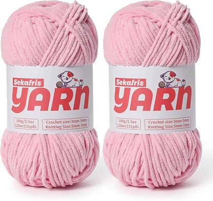 2 Pack Plush Chunky Chenille Yarn for Crocheting, Soft Fluffy Velvet Yarn for Crocheting Amigurumi, Fuzzy Baby Blanket Knitting 200g/262yds Bulky (2 Pink)