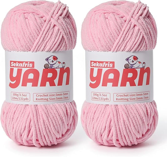 2 Pack Plush Chunky Chenille Yarn for Crocheting, Soft Fluffy Velvet Yarn for Crocheting Amigurumi, Fuzzy Baby Blanket Knitting 200g/262yds Bulky (2 Pink)