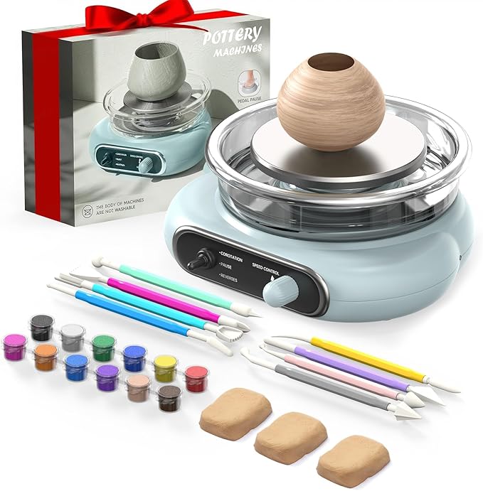 Alldeer Mini Pottery Wheel Kit - 4.7" Turntable Electric Clay Wheel with Foot Pedal, Adjustable Speed Ceramic Making Machine with 8 Pottery Shaping Tools, Craft Kits for Kids