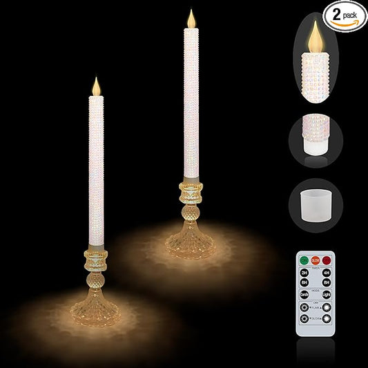 Flameless LED Taper Candles wish Illuminated Holder - Glass Candle Holder, Remote Timer 2AA Battery Operated 500 Hours for Thanksgiving/Xmas Decor, Wedding Centerpiece (Crystallized-Brilliant, 2 Pack)