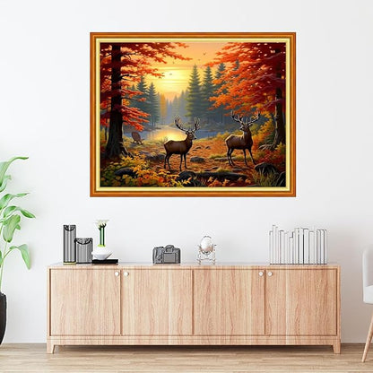Foxdiviy Stamped Cross Stitch Kits Full Range of Embroidery Needlework Starter Kits for Beginners Adults 11CT Embroidery Patterns Art Crafts DIY Needlepoint Kits-Late Autumn Elk 16x20 inch