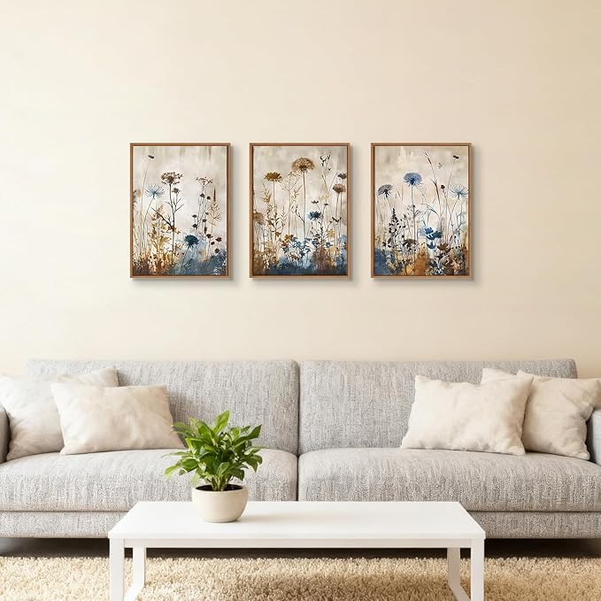 WENGTIAO 3Pcs Vintage Framed Canvas Wall Art Prints Flowers Posters Pictures Boho Brown Blue Blooms Paintings Nature Floral Botanical Artwork for Living Room Bedroom Bathroom Office 12x16x3