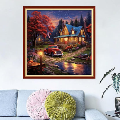 Dimensean Stamped Cross Stitch Kits Full Range of Embroidery Patterns Starter Kits for Beginners Adult DIY Cross Stitches Needlepoint Kits 11CT-Night View of The Cabin 18x18 inch