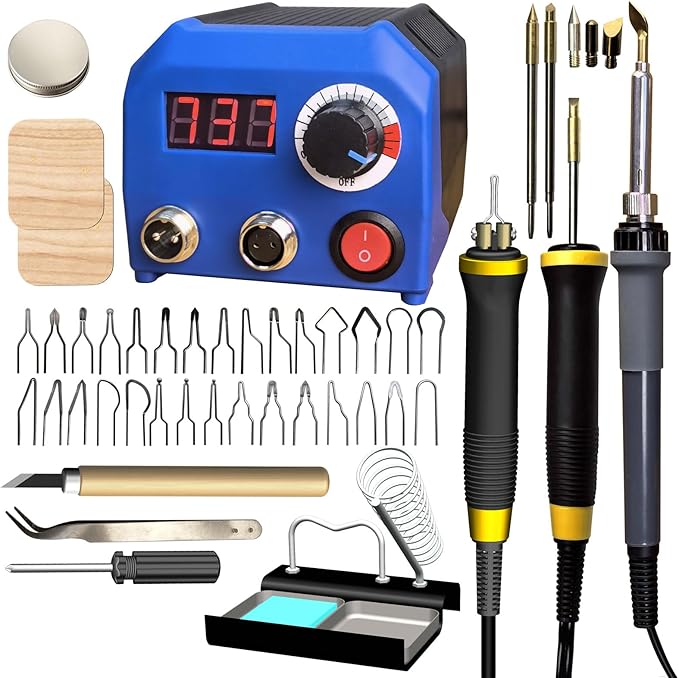 FIRElood LH55-2-3 Wood Burner kit Wood Burning Tool Pen 25~750℃, Wood Burning kit with Digital Thermometer Temperature Adjustable Temperature, 3 pyrographic Wood Burning pens, 37 Wood Burning Pen Tips