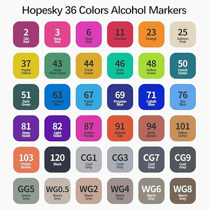 Hopesky 36 Colors Alcohol Markers - Dual Tip Permanent Art Markers Set for Coloring Drawing Painting, Fine and Chisel Tip Alcohol Based Pens with Storage Case for Adult Artists