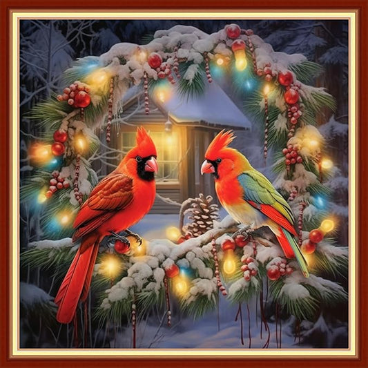 Disxvivy Cross Stitch Stamped Full Embroidery Kits DIY 11CT Cotton Thread Printed DIY Needlepoint Kits Craft Needlework Set Cross-Stitch Stamped Sets-Flower Wreath Bird 18x18 inch