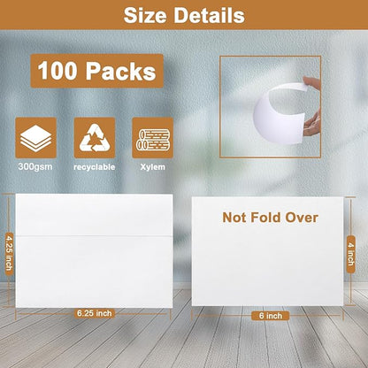 100 Packs Blank White Note Cards and Envelopes 4 x 6 Heavyweight Single Panel Cardstock and A4 Envelopes Printable Self Seal for Greeting Cards, Wedding Invitations, Baby Showers