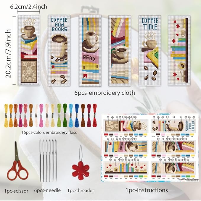 ORIGACH 6 Pcs Cross Stitch Bookmark Kit for Beginner with Backing Felt Floss Instruction Coffee and Books Stamped Embroidery Bookmark Kit for Starters Adults Book Lovers