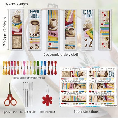 ORIGACH 6 Pcs Cross Stitch Bookmark Kit for Beginner with Backing Felt Floss Instruction Coffee and Books Stamped Embroidery Bookmark Kit for Starters Adults Book Lovers