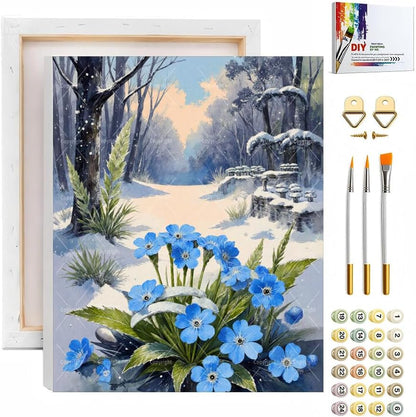 Winter Paint By Numbers Kit For Adults - Diy Blue Flowers Snowy Path Painting On Canvas, Acrylic Paint Set, Suitable For Beginners, Wall Art Decor Art For Home Decoration Or Gifts(12X16IN framed) by Unknown