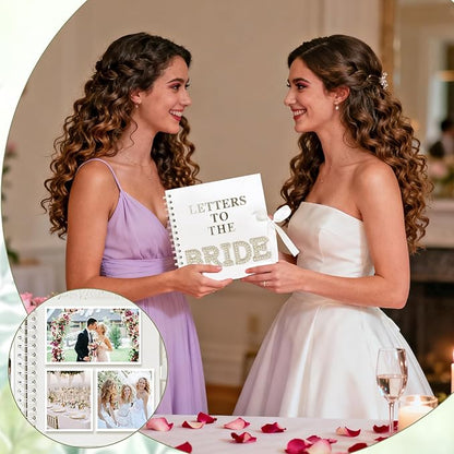Alynsehom 8 x 8 Inch Letters to The Bride Scrapbook Kits Wedding Memory Book with DIY White Scrapbook Photo Album Blank Paper Bows Pearl Stickers Metallic Letters Heart Sticker Round Dot Stickers