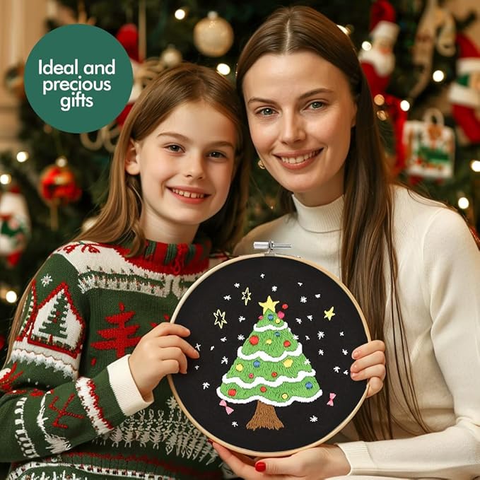 Christmas Embroidery Kits: 1 Pack Cross Stitch Kit for Beginners Adults, DIY Ornaments Craft Kit with All Tools & Instructions, Stamped Hand Embroidery Starter Kit for Holiday Crafts & Xmas Home Decor