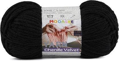 Chunky Yarn for Crocheting and Knitting - Easy to Use Plush Chenille Super Bulky Yarn 100g/131yds - Ultra Soft Velvet Baby Blanket Yarn for Beginners & Amigurumi Projects, Black