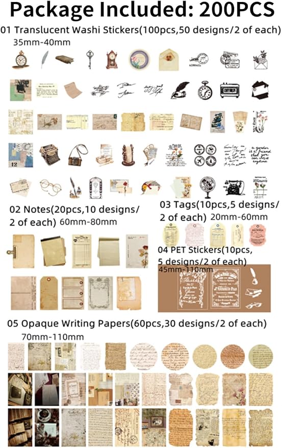 200PCS Vintage Scrapbooking Supplies Pack for Junk Journal Planners Decoupage Paper Scrapbook Stickers Aesthetic Cottagecore Collage Craft Album (Handwritten letters)