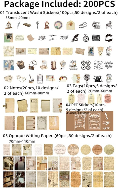 200PCS Vintage Scrapbooking Supplies Pack for Junk Journal Planners Decoupage Paper Scrapbook Stickers Aesthetic Cottagecore Collage Craft Album (Handwritten letters)